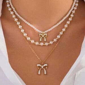 3 Pcs Gold Tone and Faux Pearl Layered Chunky Statement Stackable Necklaces